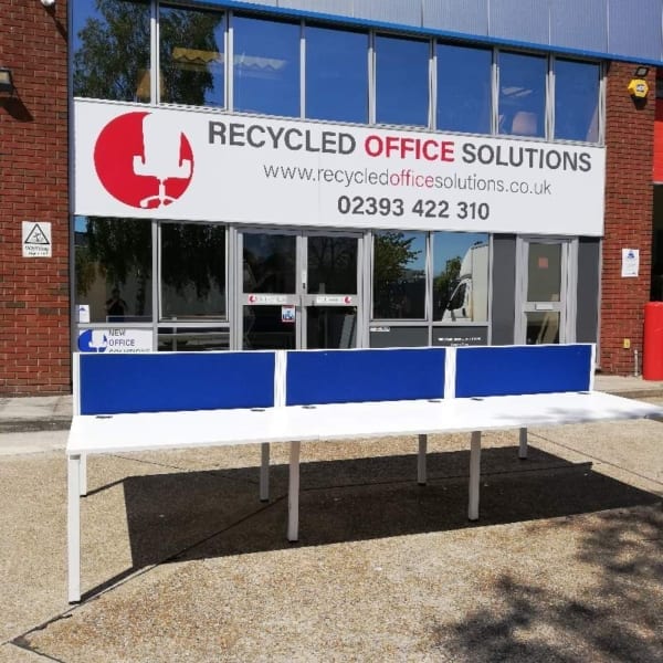 Bank of 6 White 120cm Desks with Blue Screens