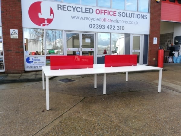 Bank of 4 Sleek White Desks with Red Perspex Dividers