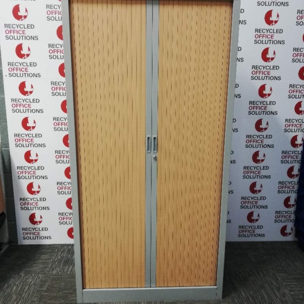 Grey Tall Metal Tambour Unit with Wood Effect Doors