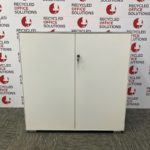 White Metal 2 Door Half Height Cupboard with Mustard Glass Top