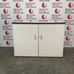 Desk High White Wood 2 Door Cupboard with Walnut Edge