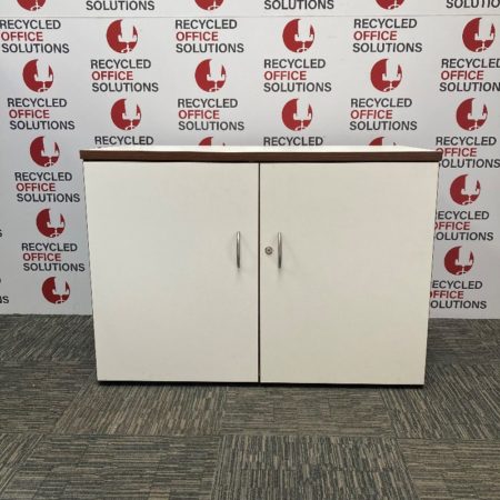 Desk High White Wood 2 Door Cupboard with Walnut Edge