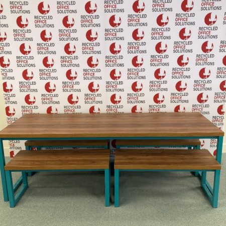 Walnut Canteen Table with Green Metal Framework and Matching Benches