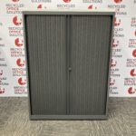Grey Half Height Metal Single Door Tambour Unit with White Wooden Top