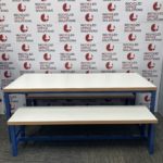 White Canteen Table with Blue Metal Framework and Matching Benches