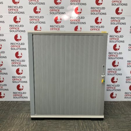 Half Height White Wooden Tambour Unit with Grey Door