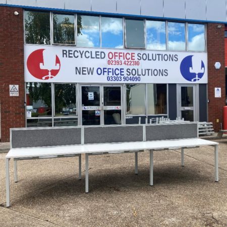 Bank of 6 White 120cm Narrow Desks with Grey Screens