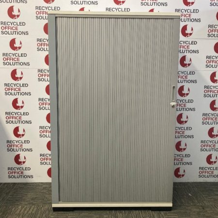 Mid Height White Wooden Tambour Unit with Single Grey Door