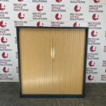 Dark Grey Half Height Metal Tambour Unit with Wood Effect Doors