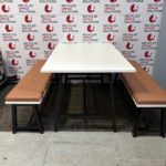 White Canteen Table with Black Metal Framework and Matching Benches