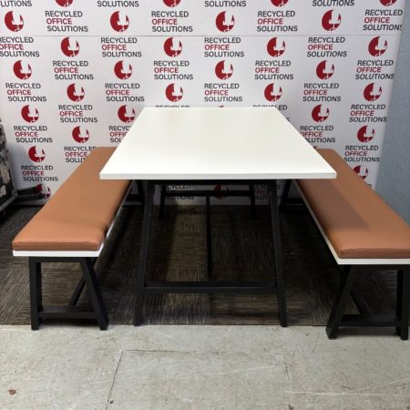 White Canteen Table with Black Metal Framework and Matching Benches